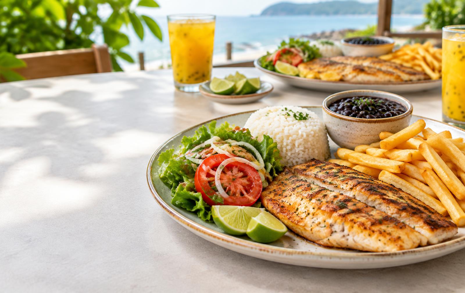 Prato generoso de peixe, arroz, feijão e salada — imagem ilustrativa